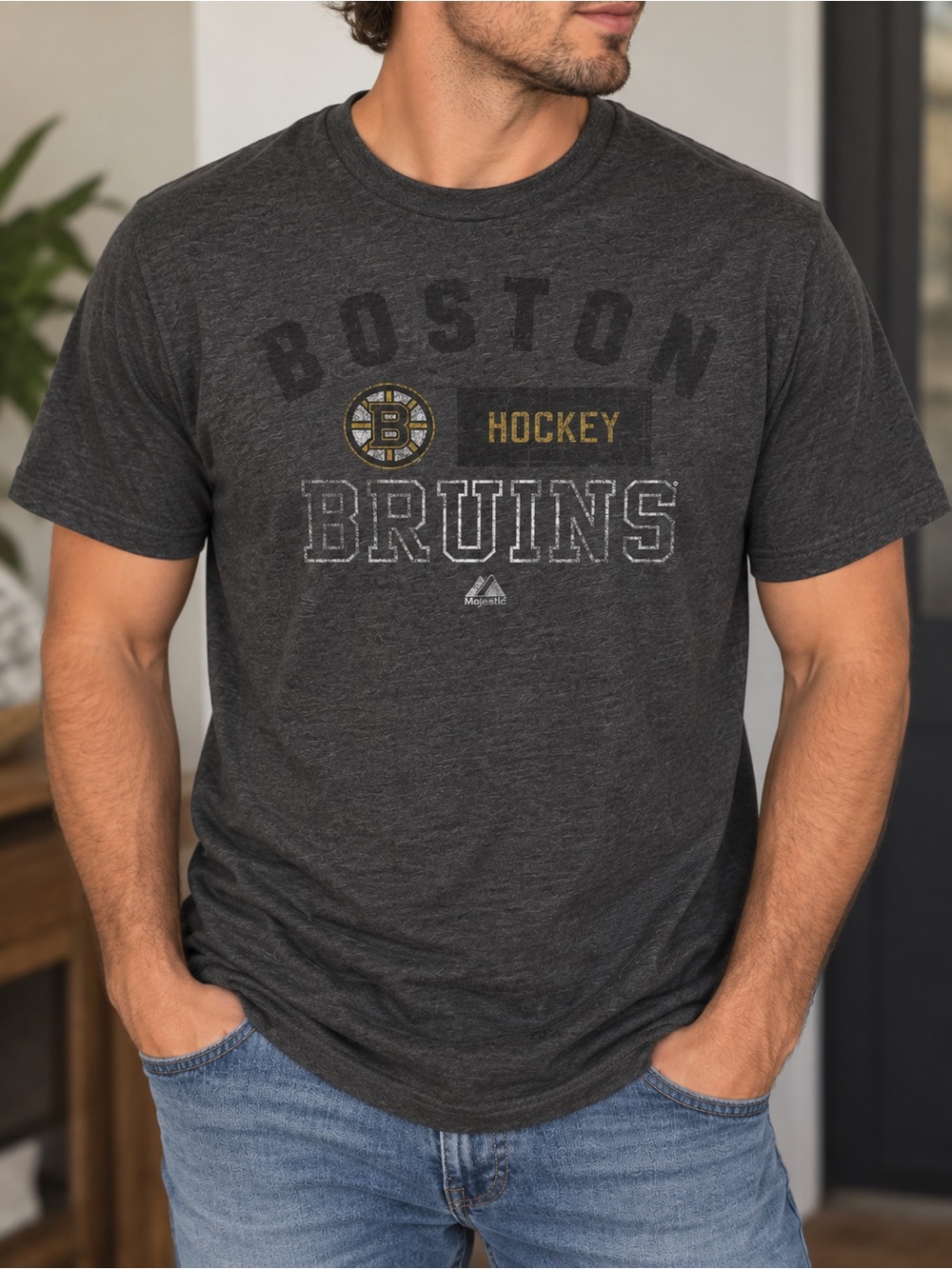 Majestic Boston Bruins Heather Charcoal T Shirt Size M